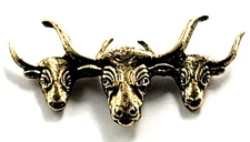 Three Longhorn Steer Head Pin Western Cowboy Ranch Rodeo Gold Tone Bull Cattle