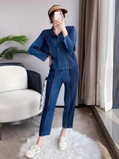 Pleats Please Issey Style Pleated Suit, Pleated Denim Like Top and Trousers