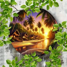 2DTropical Beach Sunset Round Aluminum Wall Art, Engraved Foil Painting, Size 20