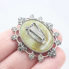 Antique Solid Silver Connemara Marble Harp & Clover Brooch Art Deco Irish