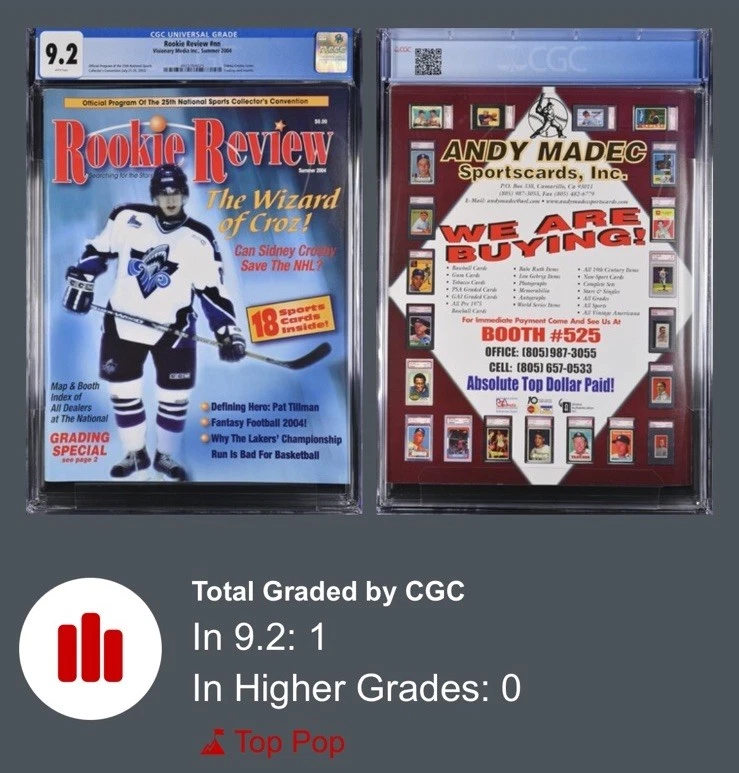 РЕДКАЯ ОБЛОЖКА ДЕБЮТАНТА СИДНИ КРОСБИ 2004 ГОДА С КАРТОЧКАМИ ГАЗЕТНЫЙ КИОСК ДЕБЮТАНТ ОБЗОР CGC 9.2 - Изображение 3 из 3
