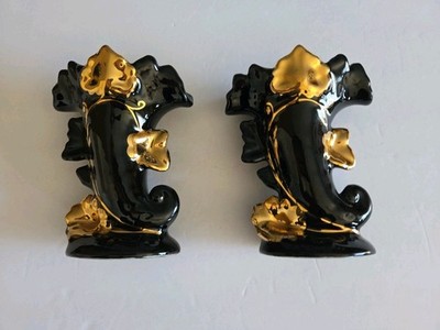 Pair of Vintage 22K Gold Embossed Vases F&M Artware Cornucopia Horn of Plenty 6''