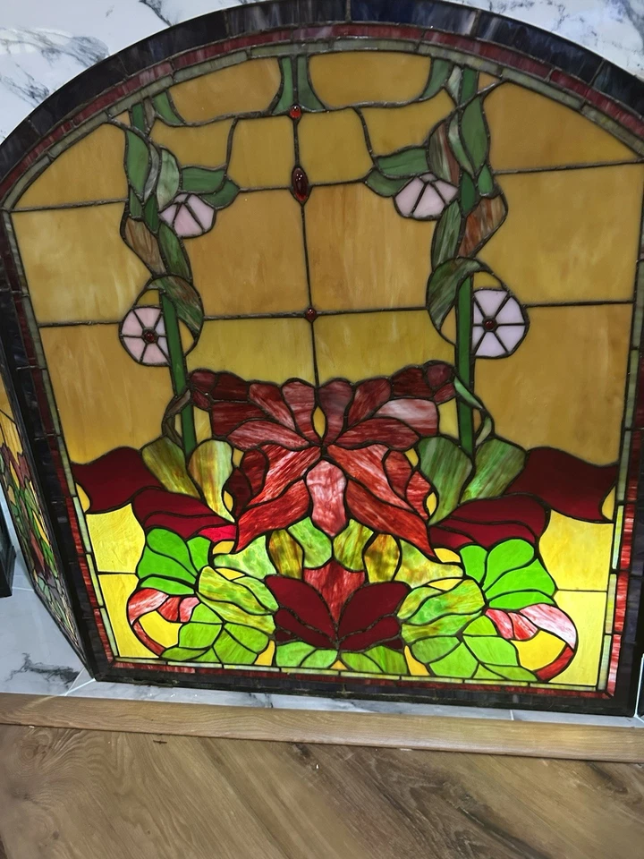 Каминный экран 42 дюйма викторианский цветочный стиль Тиффани витражное стекло 3 панели - Изображение 4 из 4