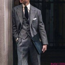 Men's 3-Piece Suit Vintage Plaid Heavyweight Jacket Vest Pants Slim Formal Suit
