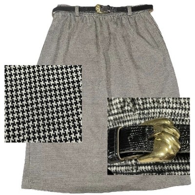 Houndstooth Midi Knit Skirt Belted Soft Twee 80s Vintage t Academia Preppy Sz 14