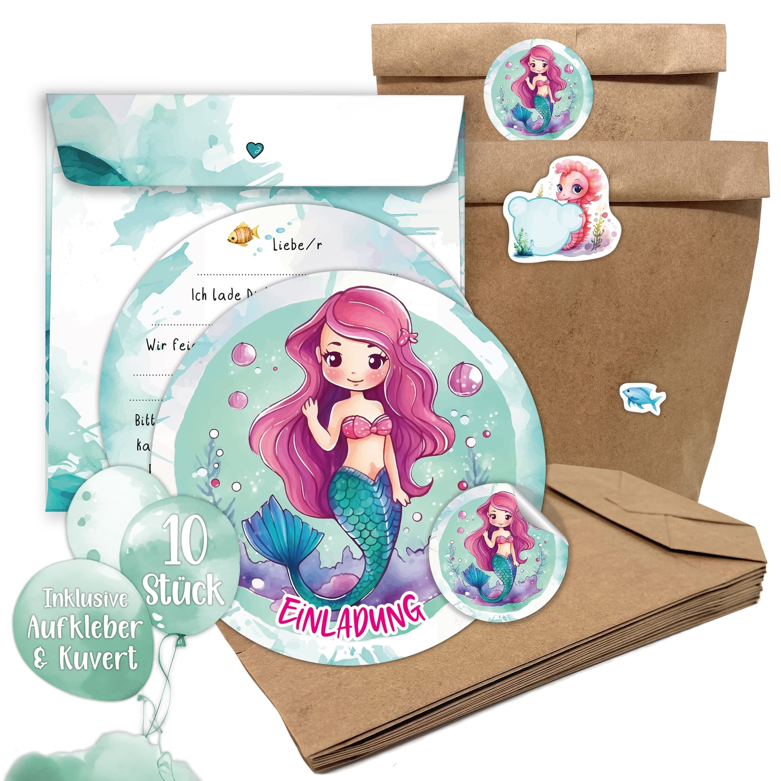 10x Einladungskarten Meerjungfrau Mädchen Geburtstag Kindergeburtstag Tüten