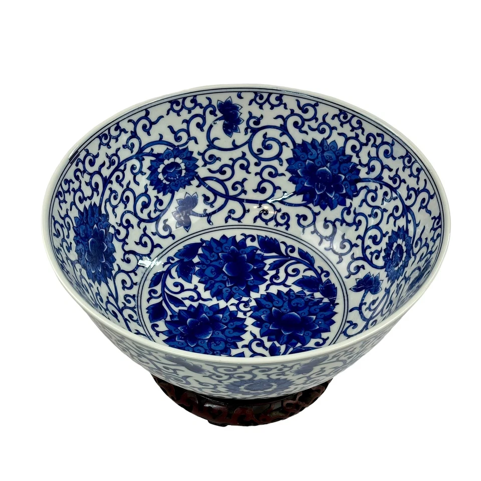 Vintage Chinese Porcelain Ming Dynasty Style Bowl 12” Blue White + Wood Stand - Image 4 of 4