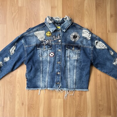 VDR Via Delle Rose Italian Cropped Denim Jacket with Patches Distressed  Large - Main Image