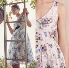 Maeve Anthropologie Peony Womens White V-neck Floral Chiffon Dress Size 4