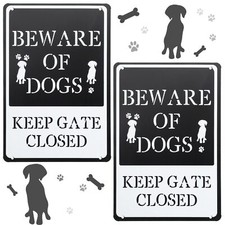 2 Pieces Dog Sign for Fence Beware of Warning Signs Metal Rust Free Black