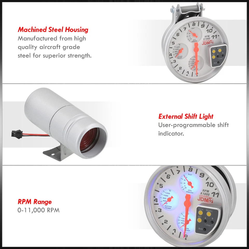 11K RPM 5" LED 4-In-1 Tachometer Oil Water Pressure Temperature Gauge For Chevy - Image 2 of 4