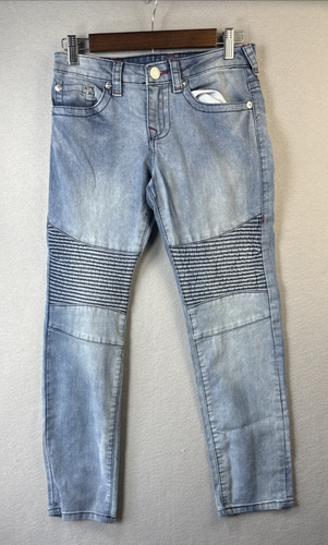 True Religion Geno Relaxed Slim Jeans Boys 14 Red Stitching Light Blue Faded