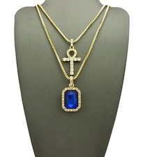 Egyptian Pave Ankh, Colorful Gemstone Pendant 24",27" Box Chain 2 Necklace Set