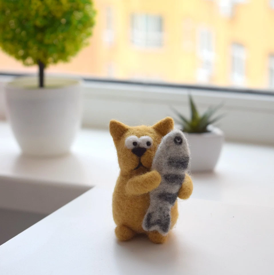 Needle felting Kit beginners (starter kit) Fisherman cat DIY cat craft set - Image 3 of 4