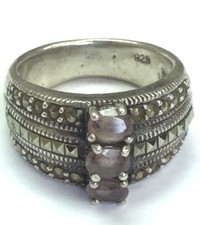 Vintage Oxidized Sterling Silver 925 Oval Pink Quartz Marcasite Cocktail Ring