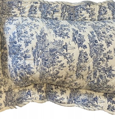 2 Vtg French Toile Throw Pillows Blue Quilted Ruffles Dbl Sided Cottagecore RARE - Picture 9 of 21