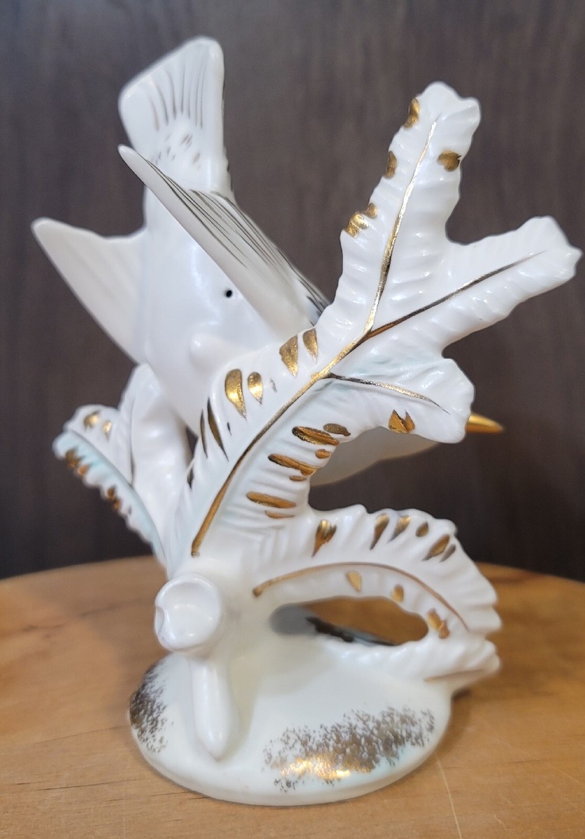 Vintage Ceramic Elegant Bird White With Gold Trim And Blue Accents