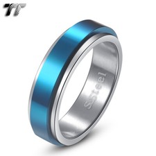 Polished TT Two-Tone Blue Stainless Steel 6mm Spinner Wedding Band Ring R220