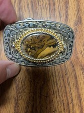 Vintage Gold Tone Belt Buckle Oval Shape Jasper Insert Western Cowboy Style
