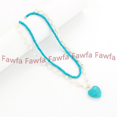 2 Row Natural White Baroque Pearl 4mm Blue Turquoise Gems Beads Pendant Necklace - Picture 5 of 5