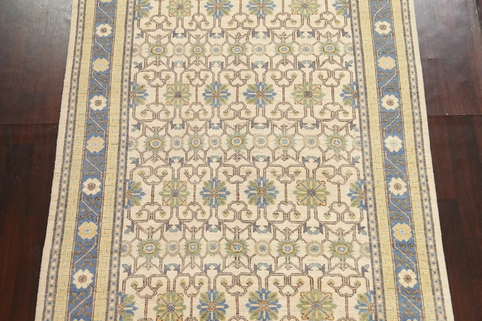 IVORY Geometric Khotan Oriental Area Rug Hand-knotted Vegetable Dye 6'x9' Carpet - Image 3 of 4