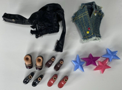 Lil Bratz Acsessories - 4 pairs of Shoes, a Leather coat and a Denim Vest