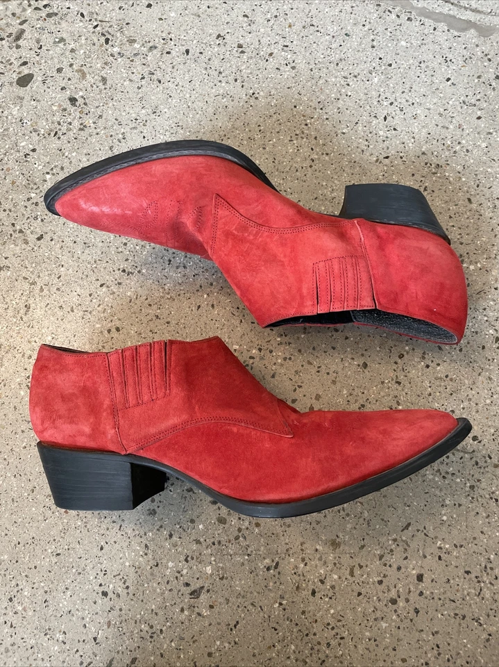 De Colección DOS LABIOS Y2K Mujer 9.5 Grueso Cuero Rojo Vaquero Botines Tacones Zapatos Foto 2 de 4