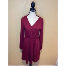 Leadingstar Women Burgundy Long Sleeve Elastic Waist V-Neck Fit Flare Dress, Med