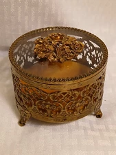 Vtg Matson Hollywood Regency Ormolu Gold/Bronze/Glass Jewelry/Trinket Box Roses.