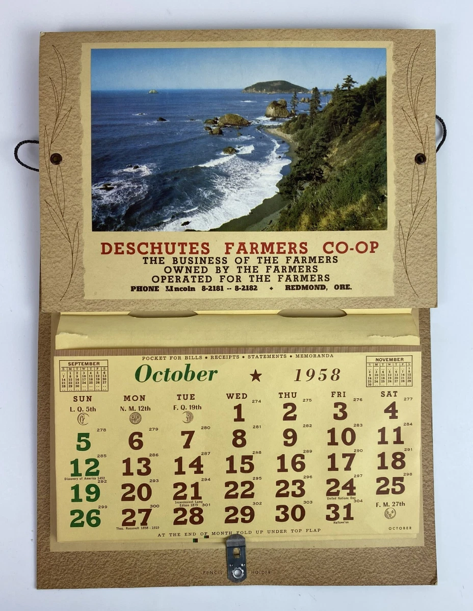 1958 DESCHUTES FARMERS CO-OP CALENDAR REDMOND OREGON | eBay