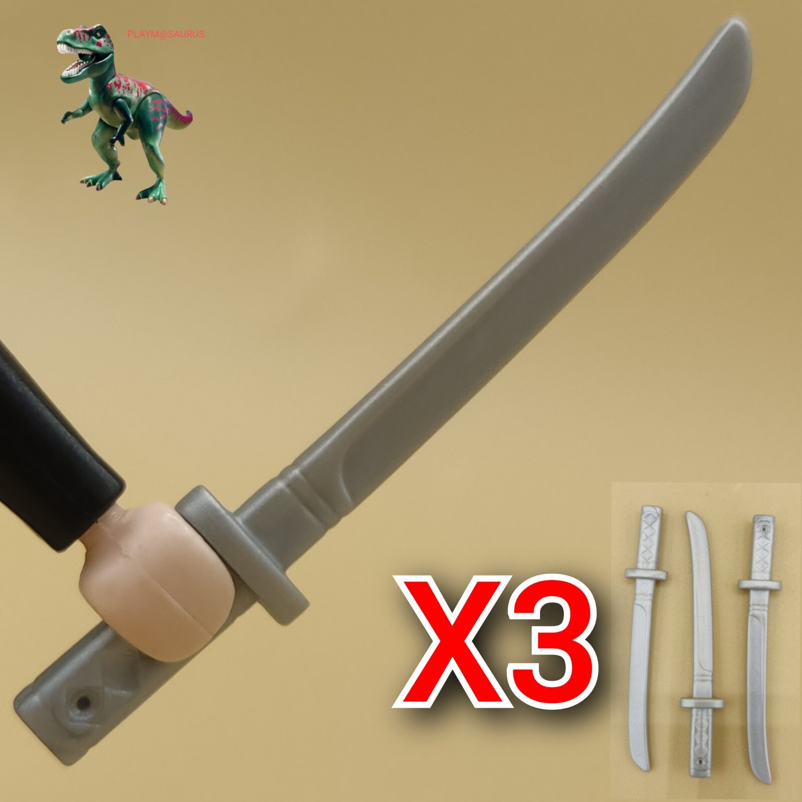 X3 Playmobil espada gris-japonesa-Katana-sable oriental-Guerrero Samurai-Ninja
