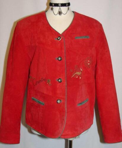LEATHER JACKET Women DEER EMBROIDERY - RED German Hunting Winter Coat B40" 10 M - Picture 1 of 4