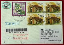 Vietnam 2012 Reg Cover to Spore cw 2012 Tiled Roof Bridge Blk4 & Orchid. Used