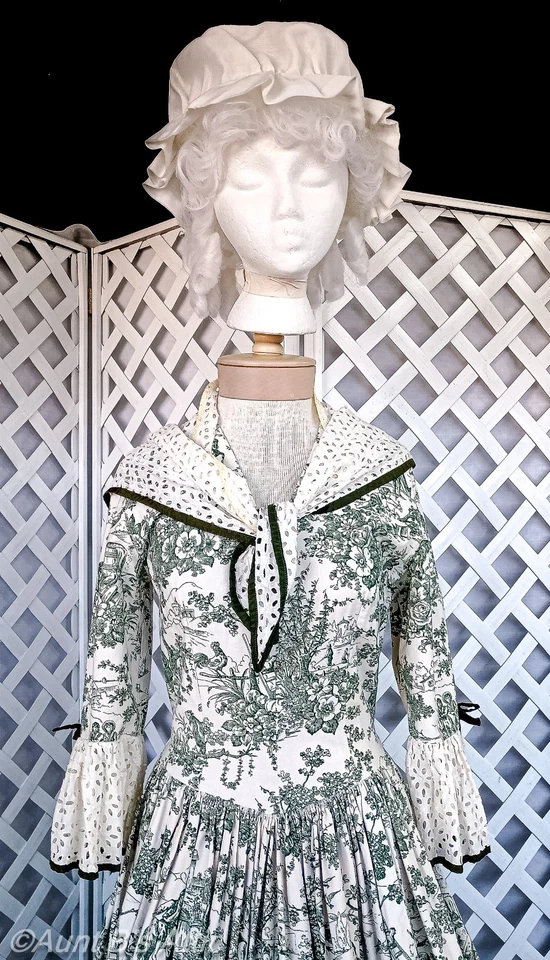 Vestido Colonial Siglo XVIII Damas Hecho a Mano Talla Blanco Algodón Toile con Gorra Mob Pequeño Foto 3 de 4