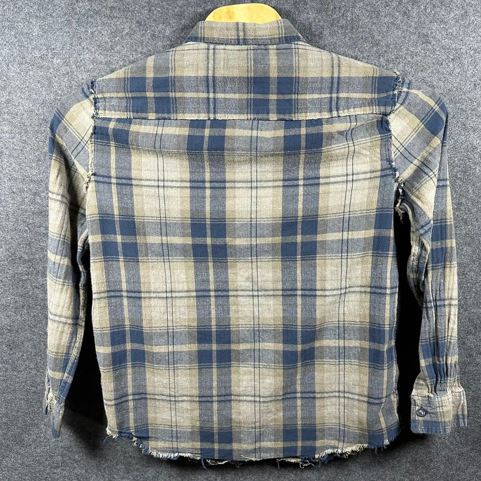 Retrofit Mens Large Plaid Distressed Flannel Shirt Blue Tan Grunge - Image 3 of 4