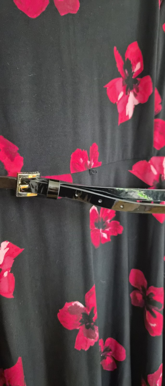 Tommy Hilfiger Belted Black Dress with Red Floral Design 16 NEW thumbnail 3