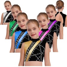 Kids Girls Crop Top Athletic Vest Performance Bra Jazz Costume Rhinestones