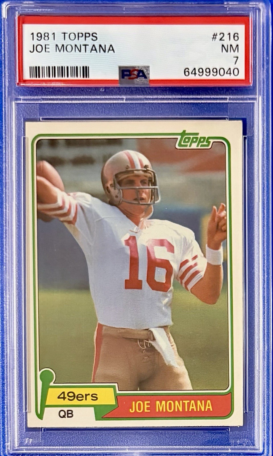 1981 Topps Joe Montana Rookie RC #216 PSA 7 NM, San Francisco 49ers HOFer view 3