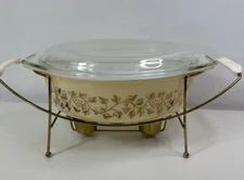 Vtg Pyrex Golden Grape Vine Casserole Bowl 045 2.5QT Oval w/ Lid Warming Cradle