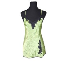 Frederick's of Hollywood Lime Green Satin Slip Dress Lace Y2K Medium