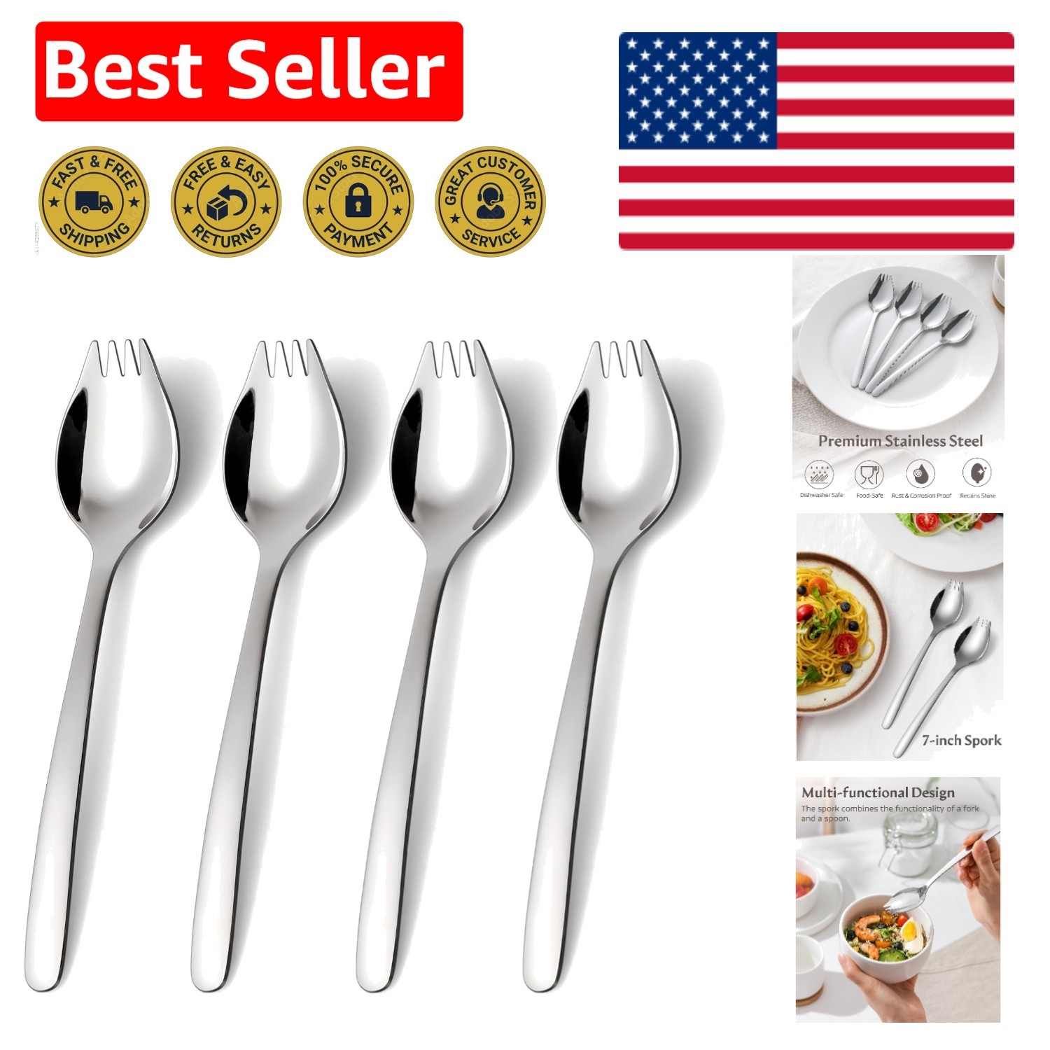 7-inch Spork Stainless Steel, Reusable Metal Sporks, Set of 4