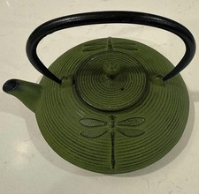 Japanese TETSUBIN Tea Kettle Cast-Iron Teapot Dragonfly Motif Green VTG