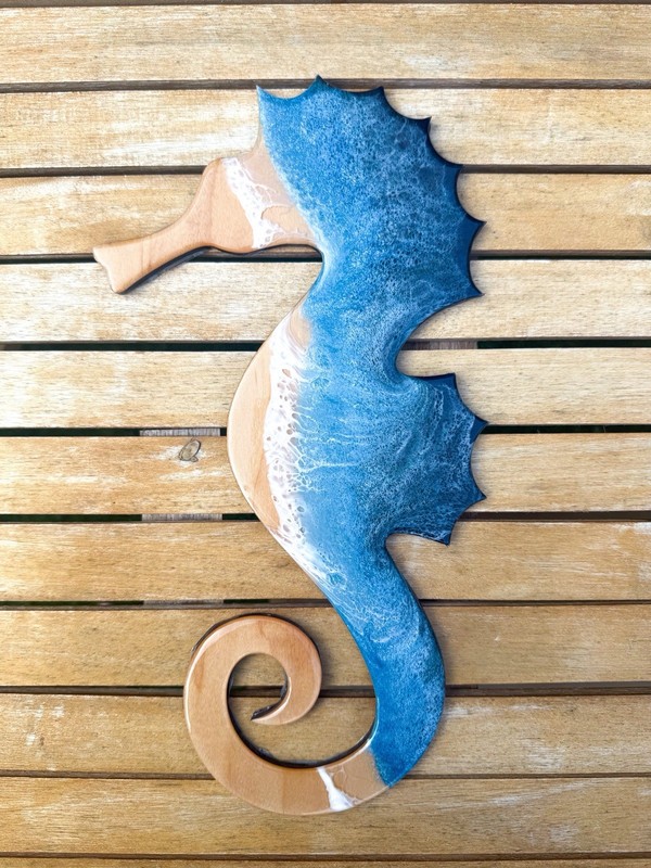 Ocean Resin Seahorse Wall Art Coastal Beach Decor Handmade Wood 13” x 8”
