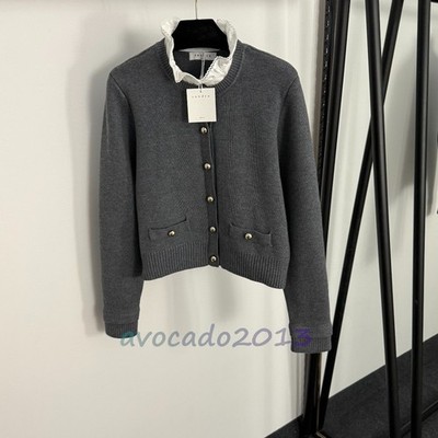 Sandro Women Autumn Long Sleeve Gray Removable Collar Knitted Cardigan
