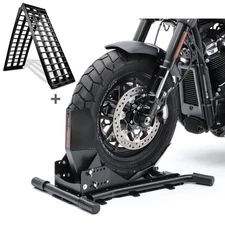 Set Motorcycle Wheel Chock ConStands Easy Vario + Loading ramp Alu-V black SW6