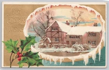 Antique 1900s Embossed Christmas Postcard, Holly, Inset Winter Home 0444
