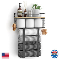 Bathroom Wall Mounted Towel Rack Set Above Toilet Storage Wooden Vertical Towel