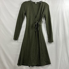 Old Navy Wrap Dress Womens XS Dark Olive Green Ribbed Knit Long Sleeve NEW
