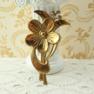 Ornate Art Deco Pressed Brass Flower Pin Brooch