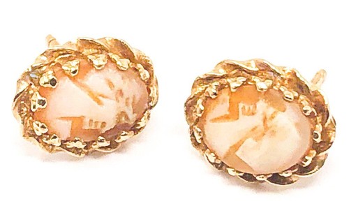 14K Yellow Solid Gold Carved Cameo Oval Earrings, Vintage - Picture 2 of 3